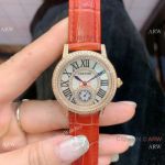 Copy Cartier watches for Women - Gold Case Diamond Paved Red Strap